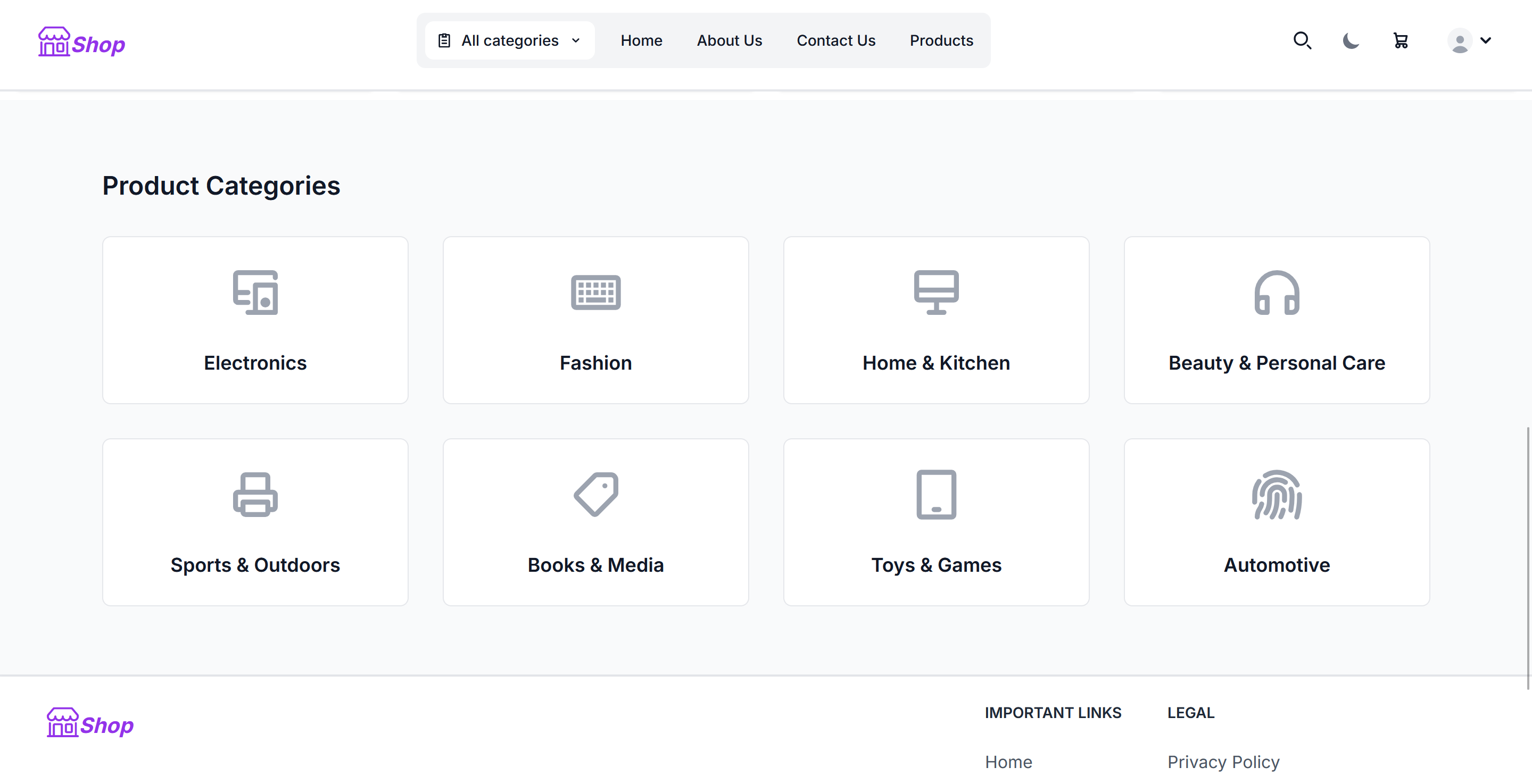 ecommerece web application product categories